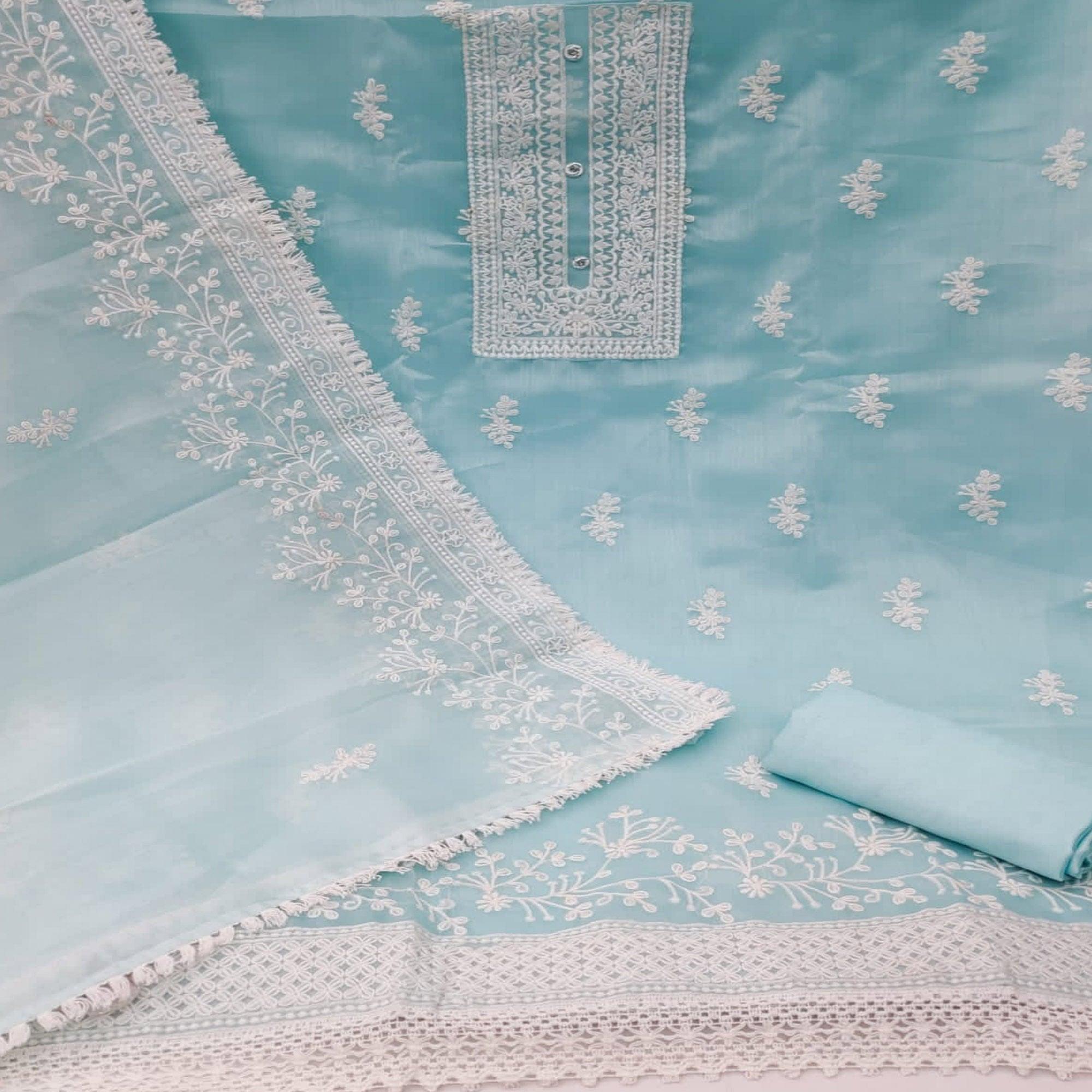 Blue Floral Embroidered Organza Dress Material - Peachmode