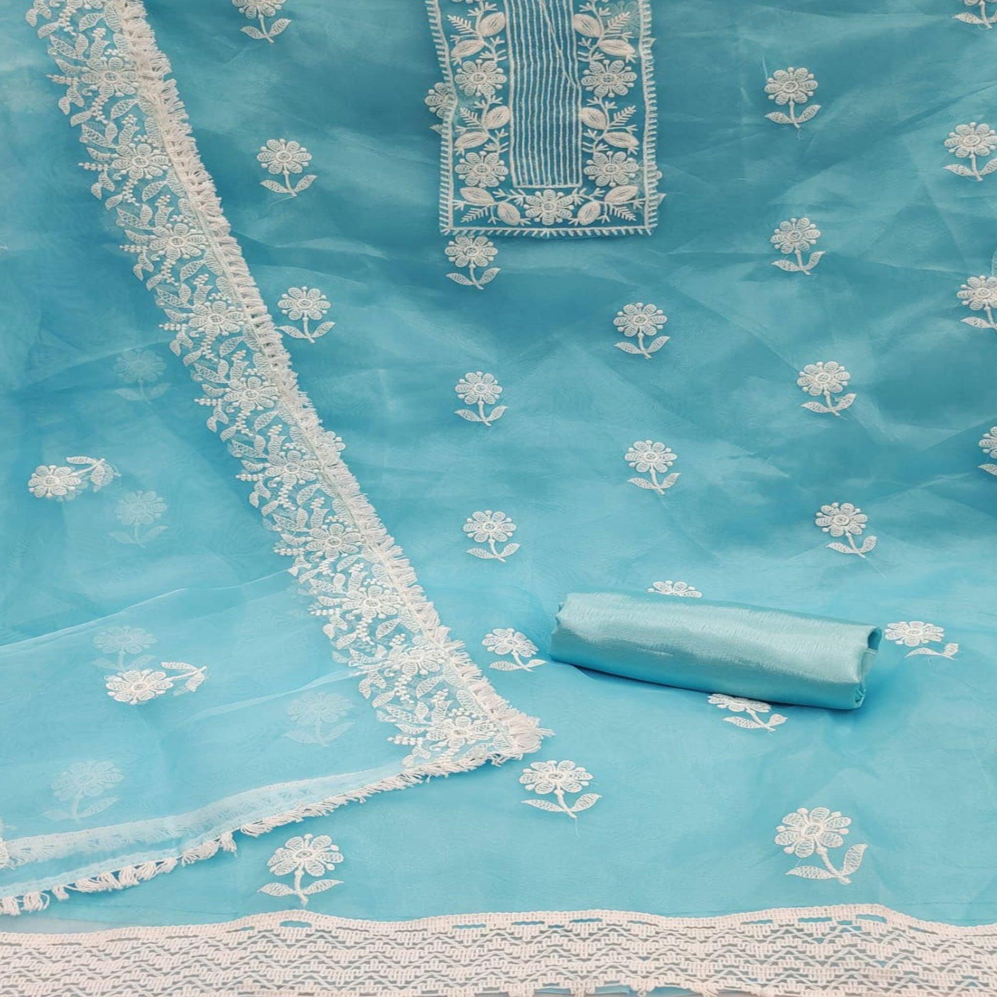 Blue Floral Embroidered Organza Dress Material - Peachmode