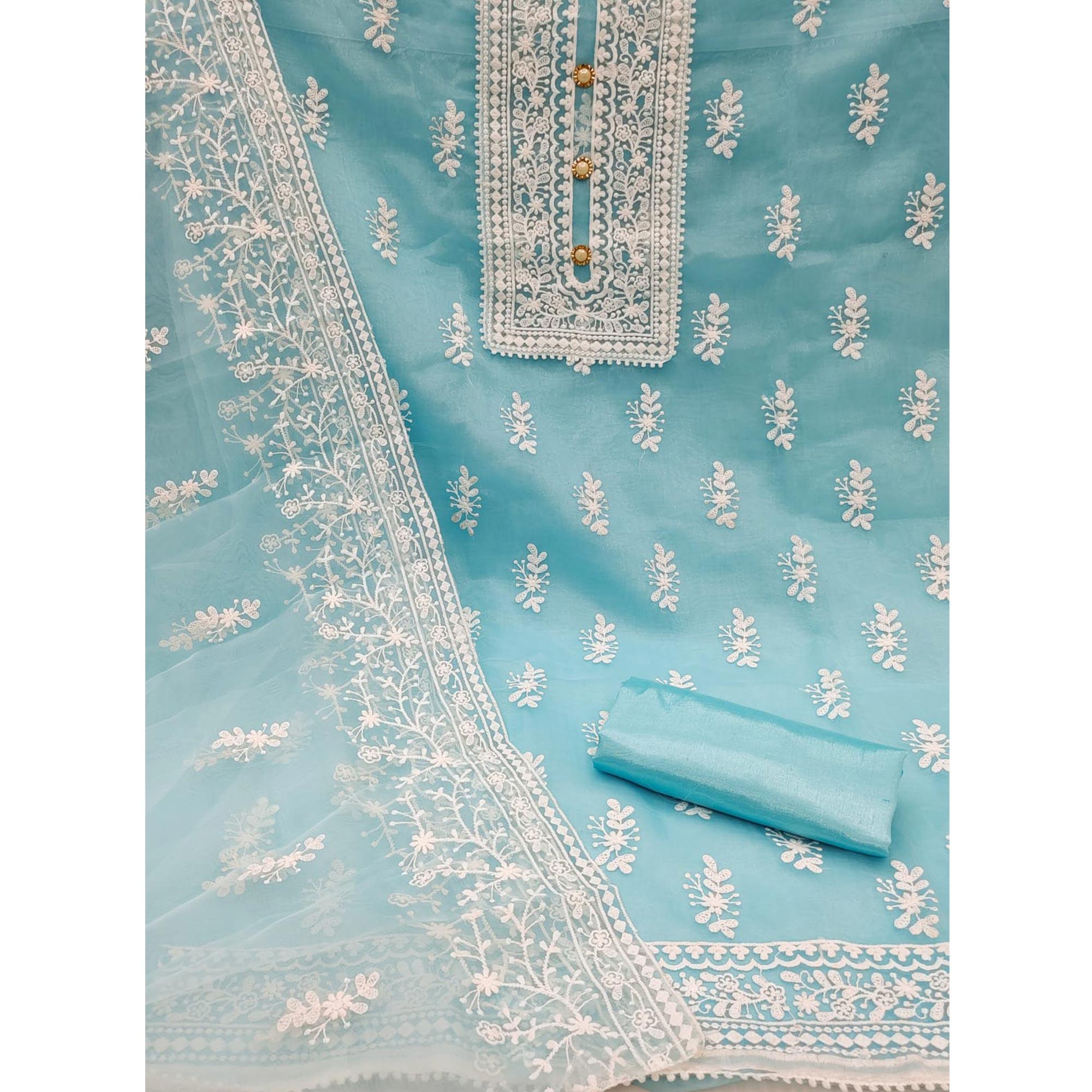 Blue Floral Embroidered Organza Dress Material - Peachmode