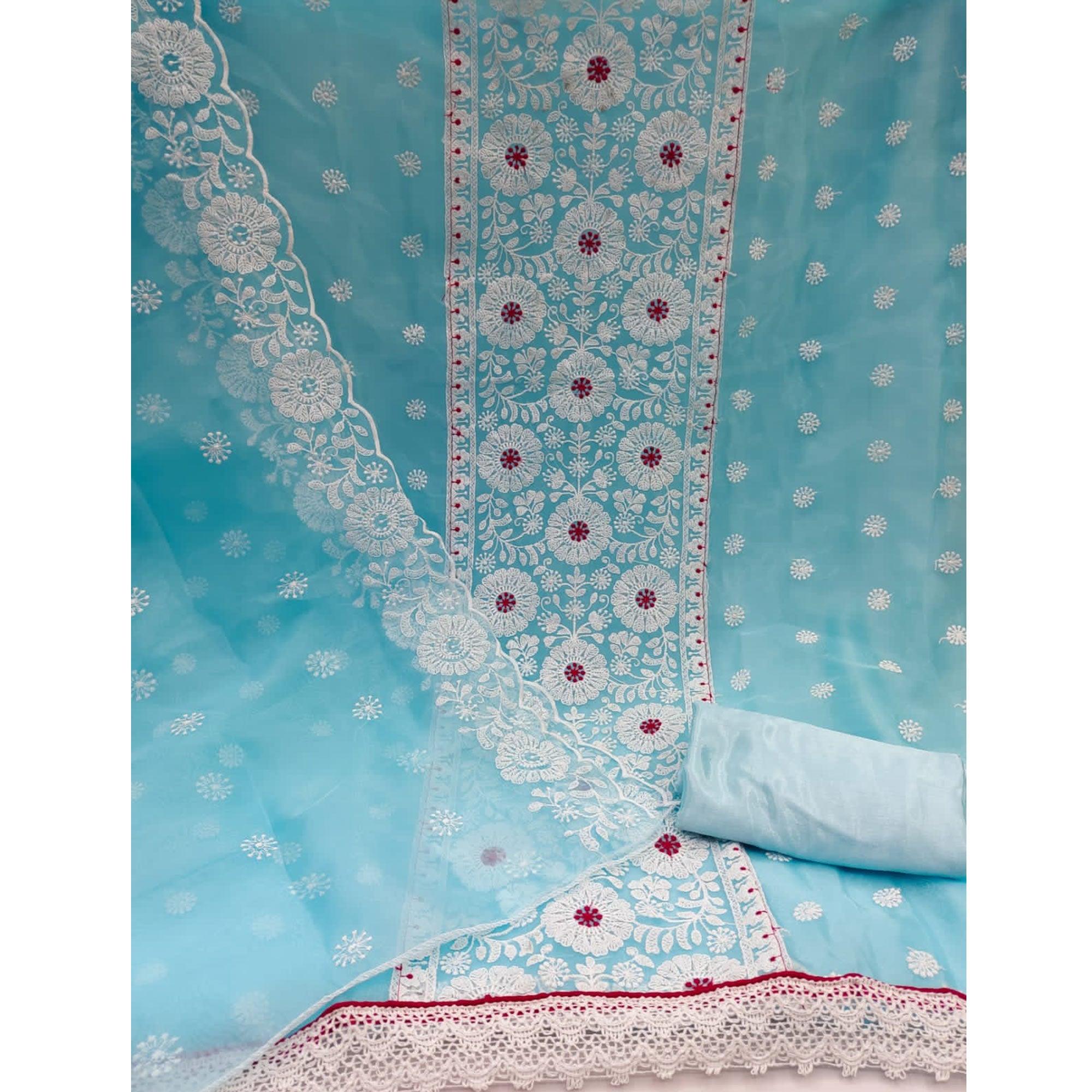 Blue Floral Embroidered Organza Dress Material - Peachmode