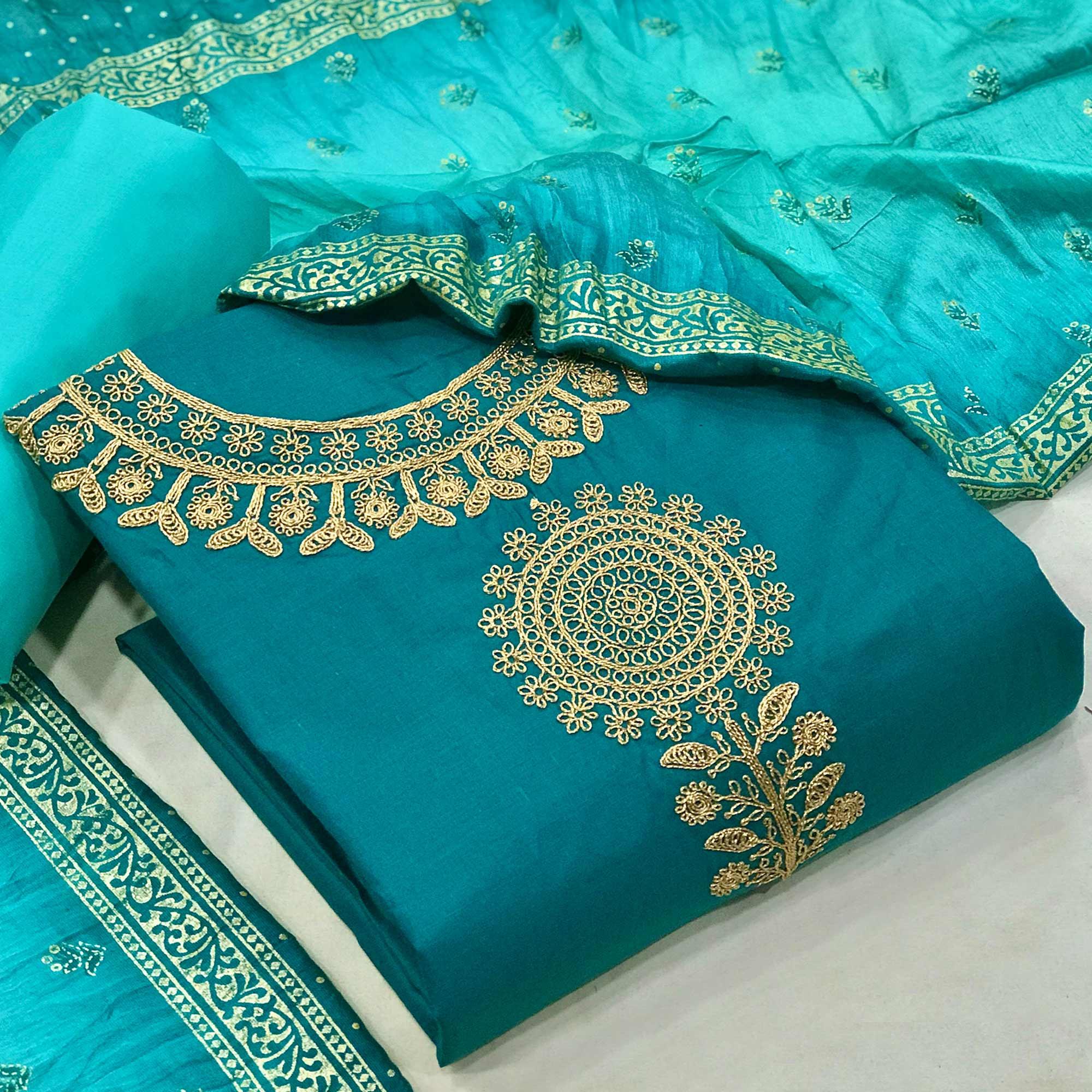 Blue Floral Embroidered Pure Cotton Dress Material - Peachmode