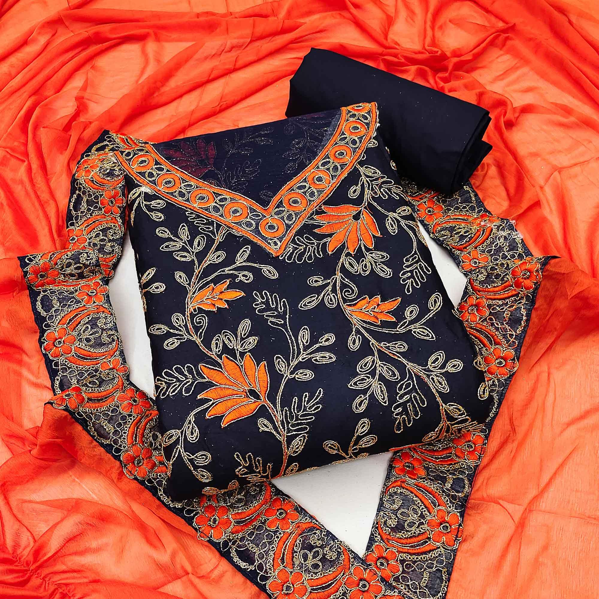 Blue Floral Embroidered Pure Cotton Dress Material - Peachmode