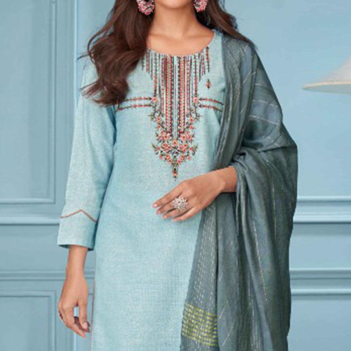 Blue Floral Embroidered Pure Cotton Kurti Pant Set With Dupatta - Peachmode
