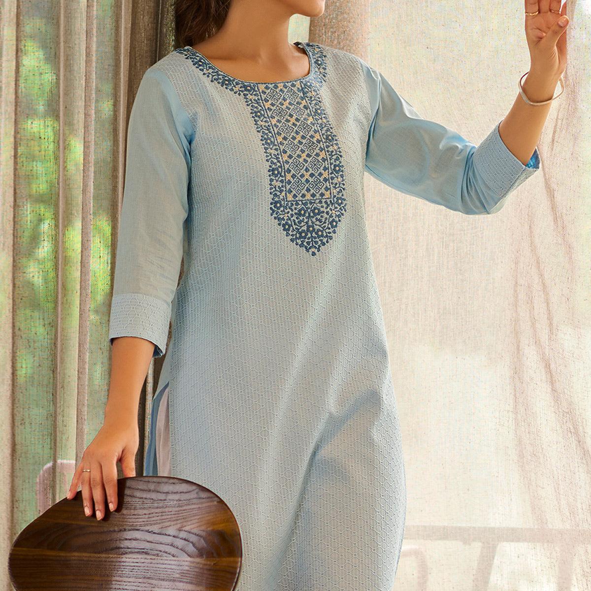 Blue Floral Embroidered Pure Cotton Kurti - Peachmode