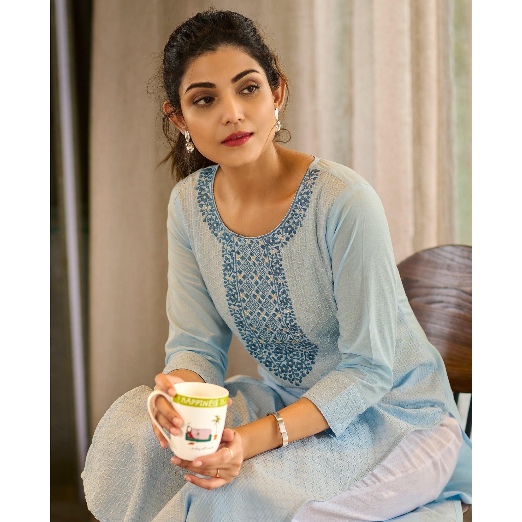 Blue Floral Embroidered Pure Cotton Kurti - Peachmode