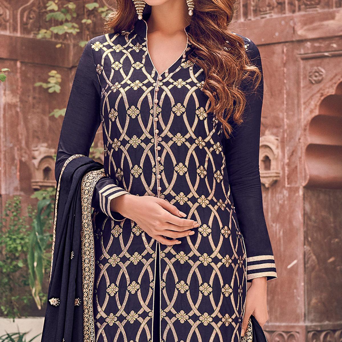 Blue Floral Embroidered Pure Dola Jacquard Partywear Suit - Peachmode