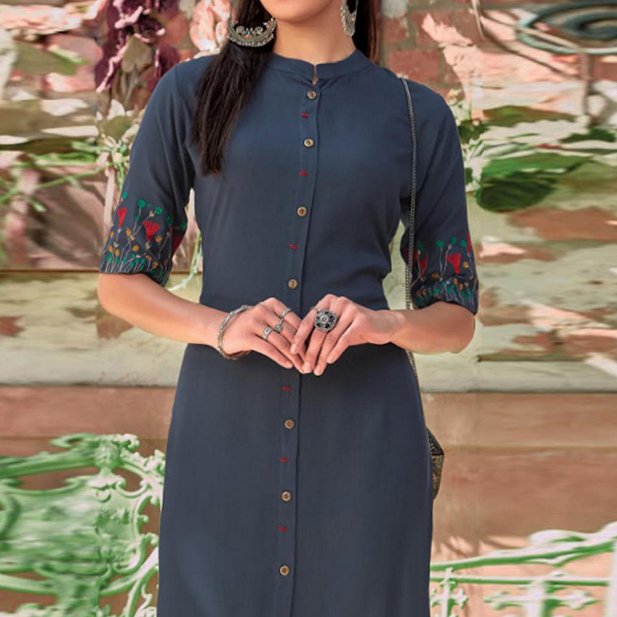 Blue Floral Embroidered Rayon Kurti - Peachmode