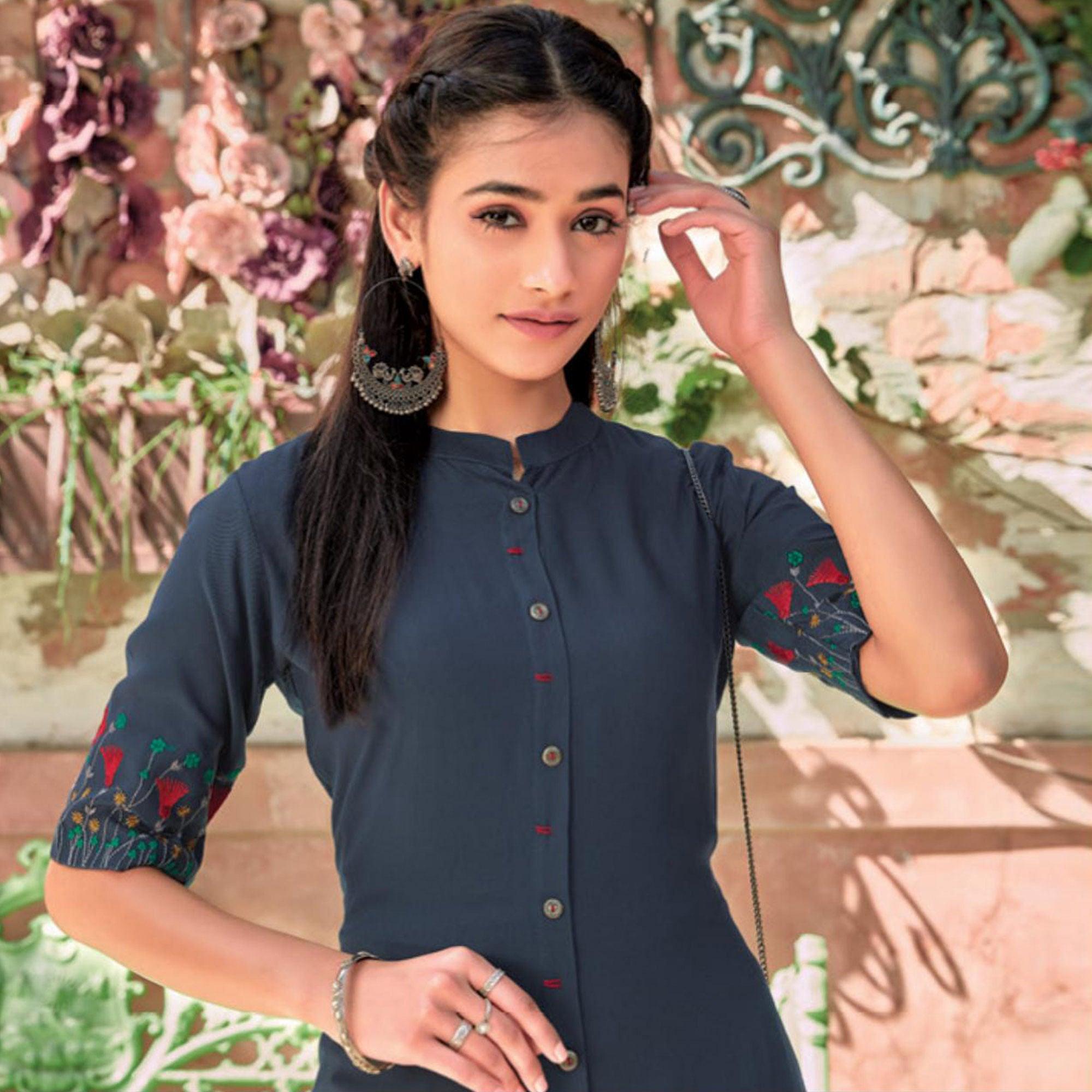 Blue Floral Embroidered Rayon Kurti - Peachmode