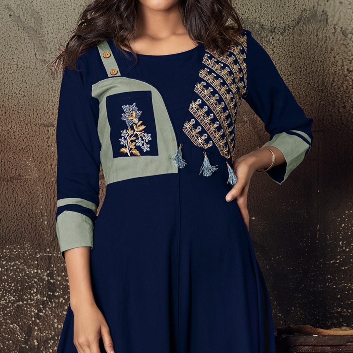 Blue Floral Embroidered Rayon Kurti - Peachmode