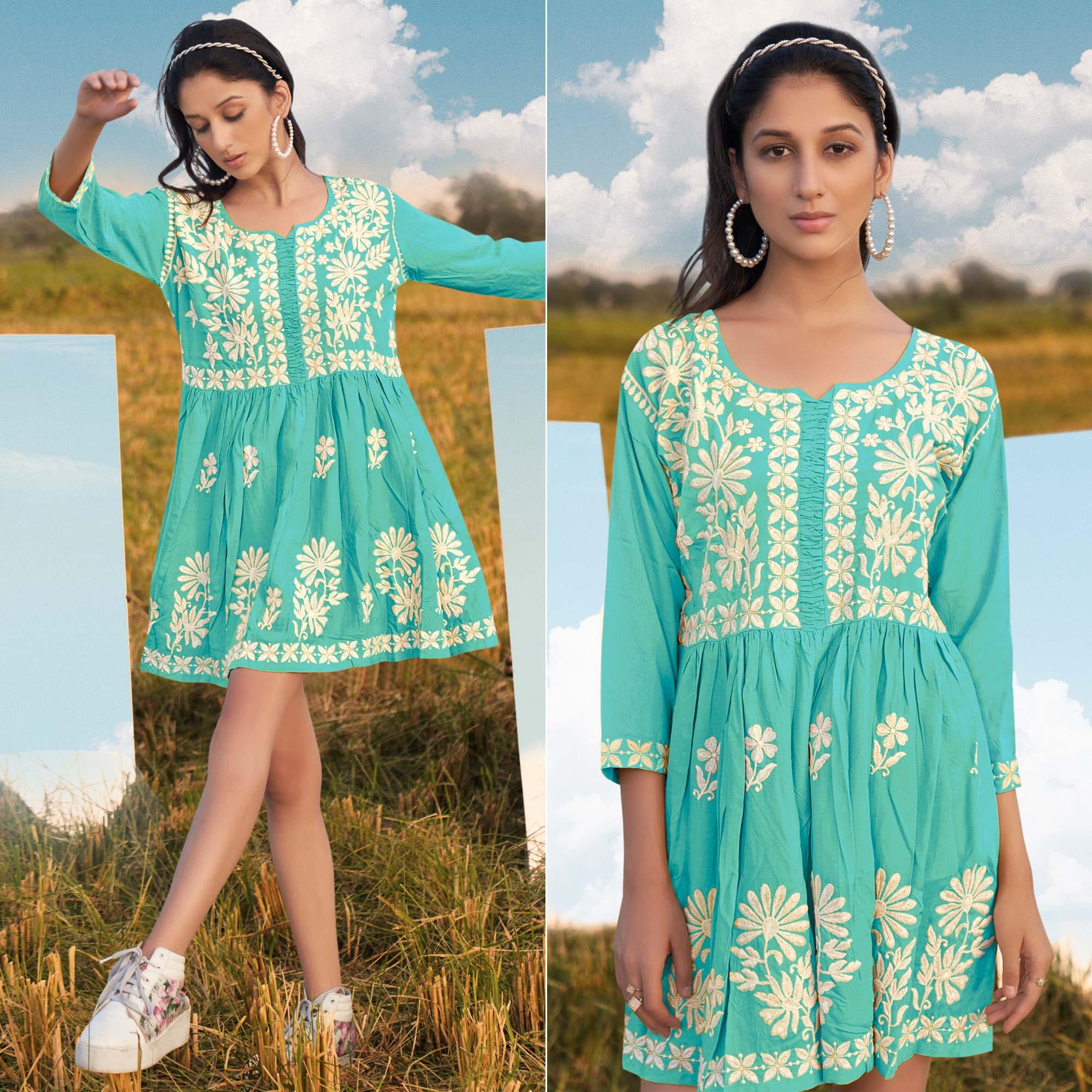 Blue Floral Embroidered Rayon Top - Peachmode