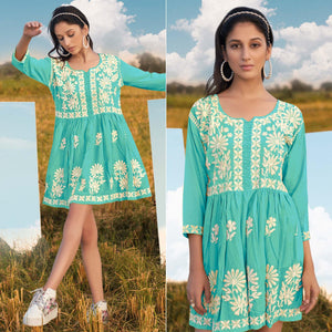 Blue Floral Embroidered Rayon Top - Peachmode