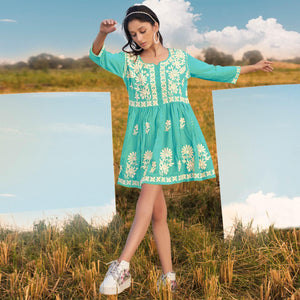 Blue Floral Embroidered Rayon Top - Peachmode