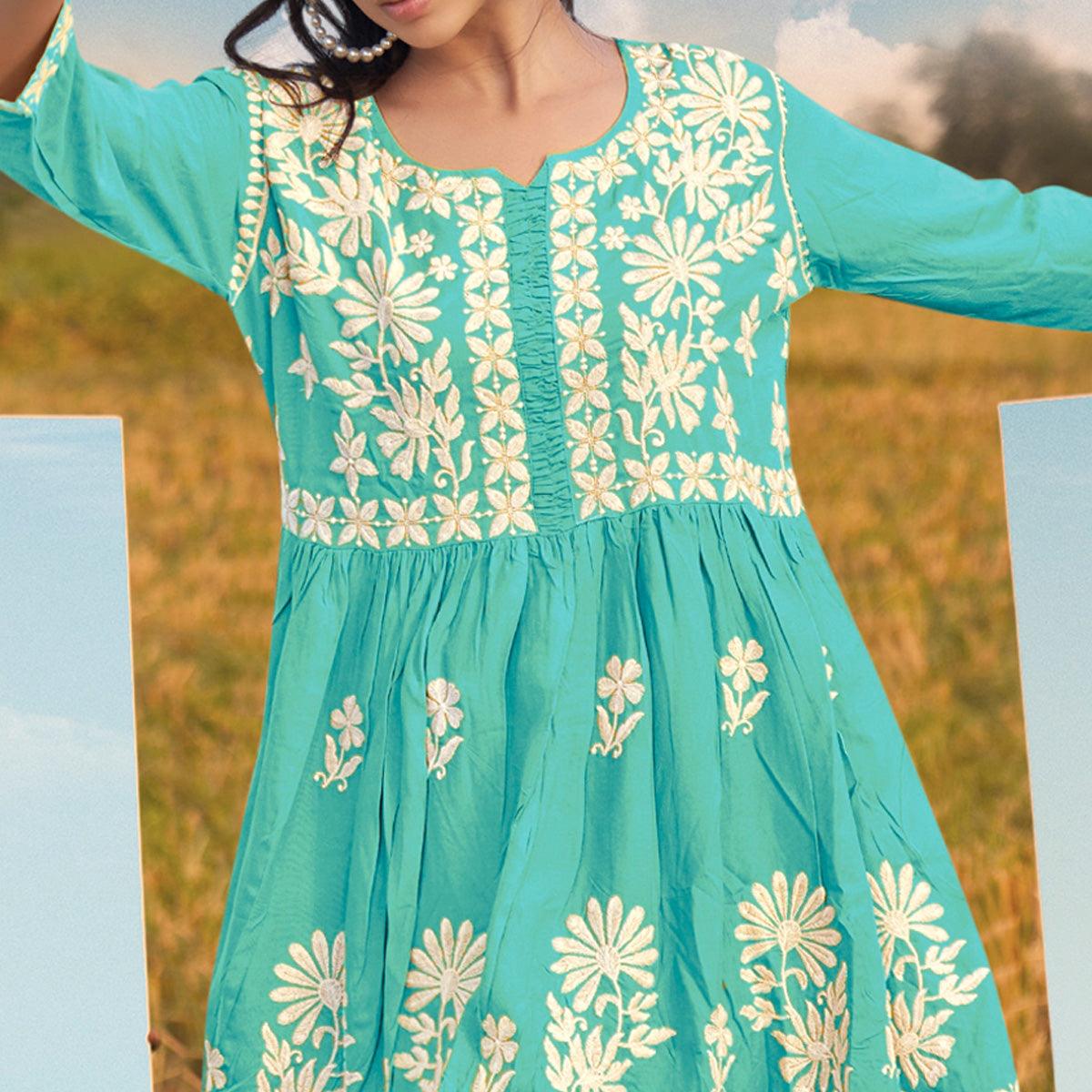 Blue Floral Embroidered Rayon Top - Peachmode