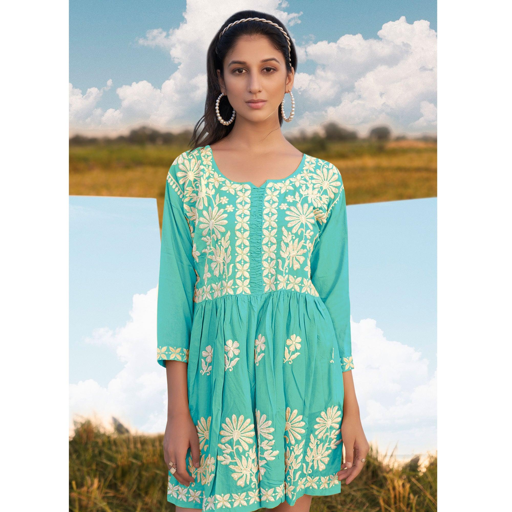 Blue Floral Embroidered Rayon Top - Peachmode