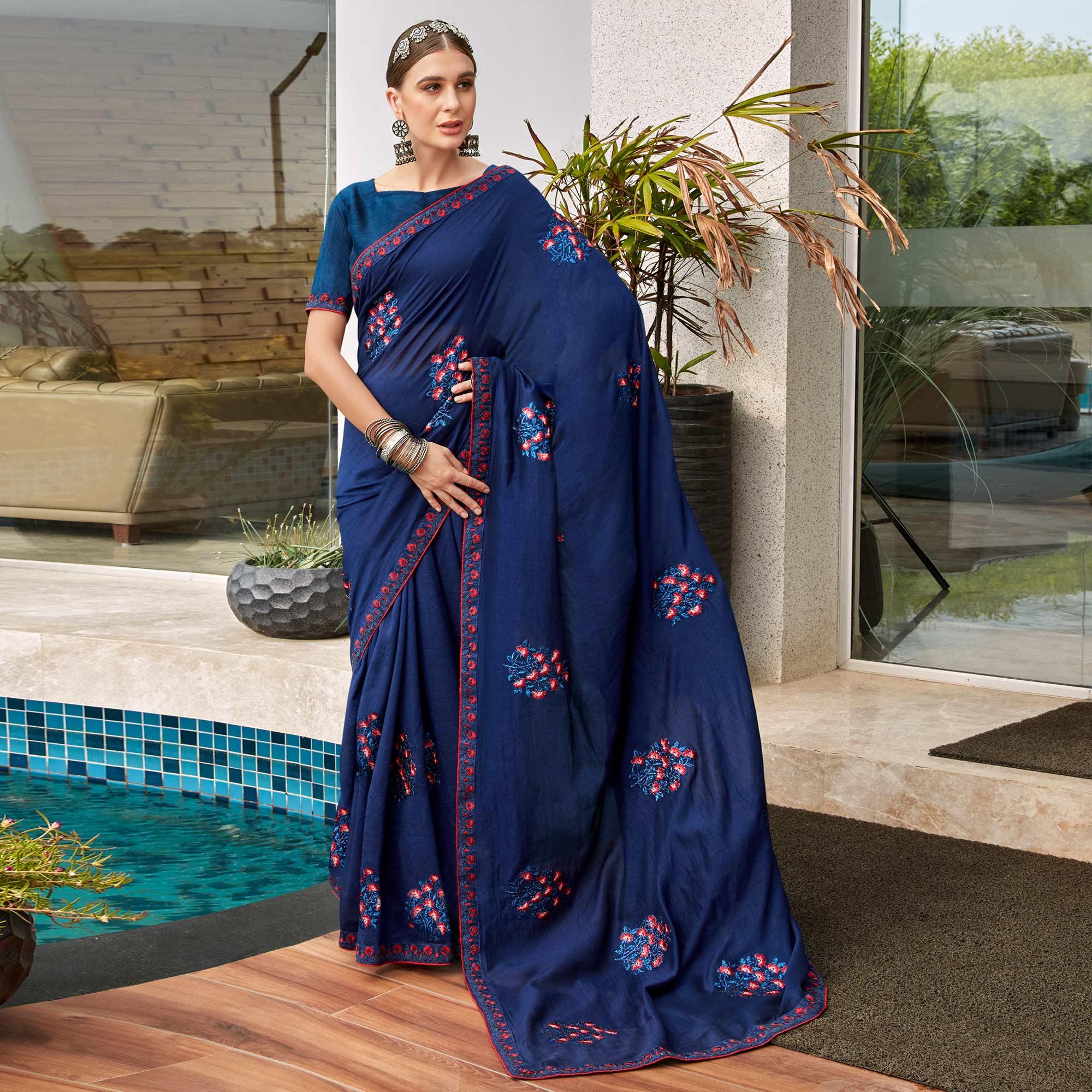 Blue Floral Embroidered Vichitra Silk Saree - Peachmode