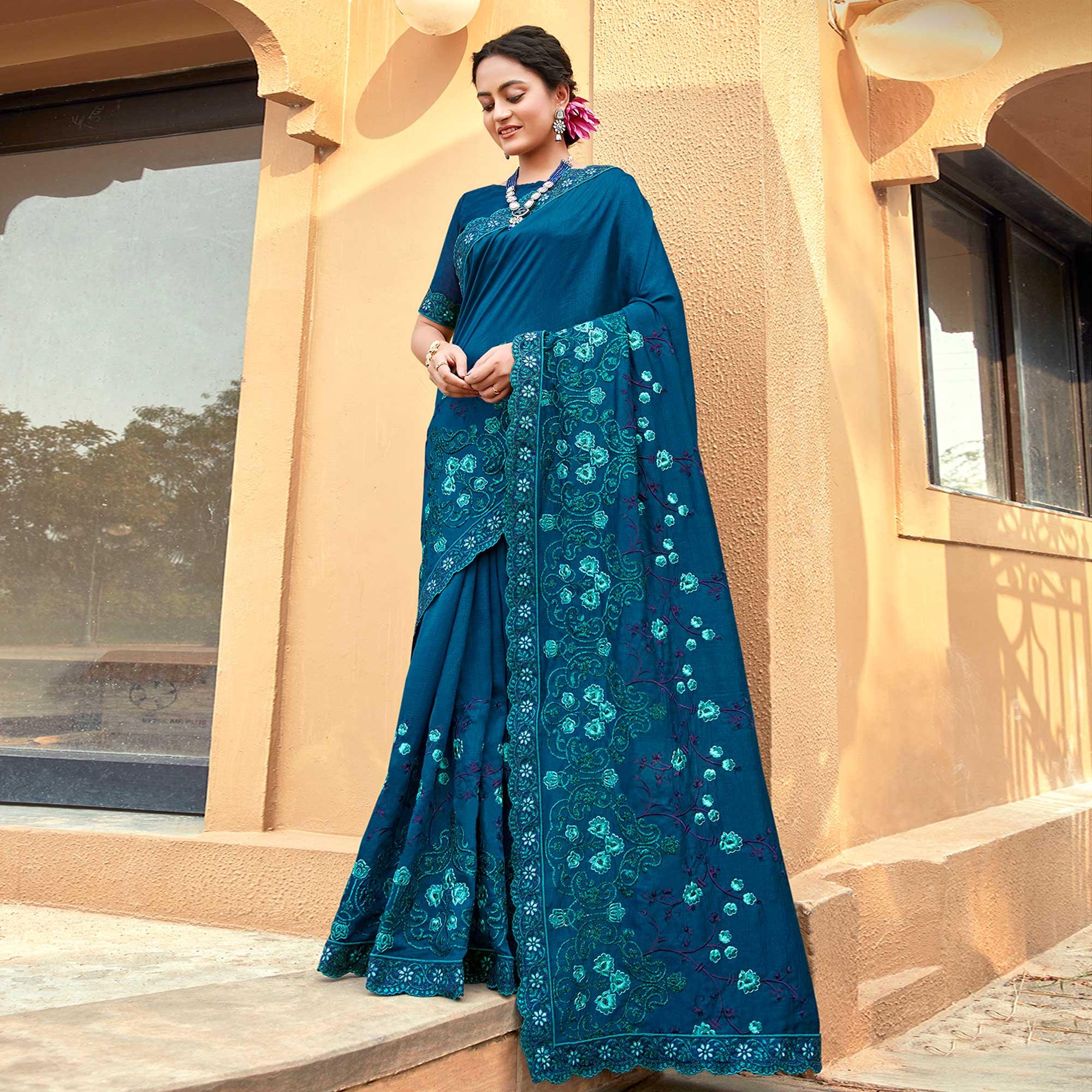 Blue Floral Embroidered Vichitra Silk Saree - Peachmode