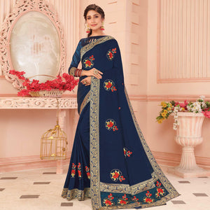 Blue Floral Embroidered Vichitra Silk Saree - Peachmode