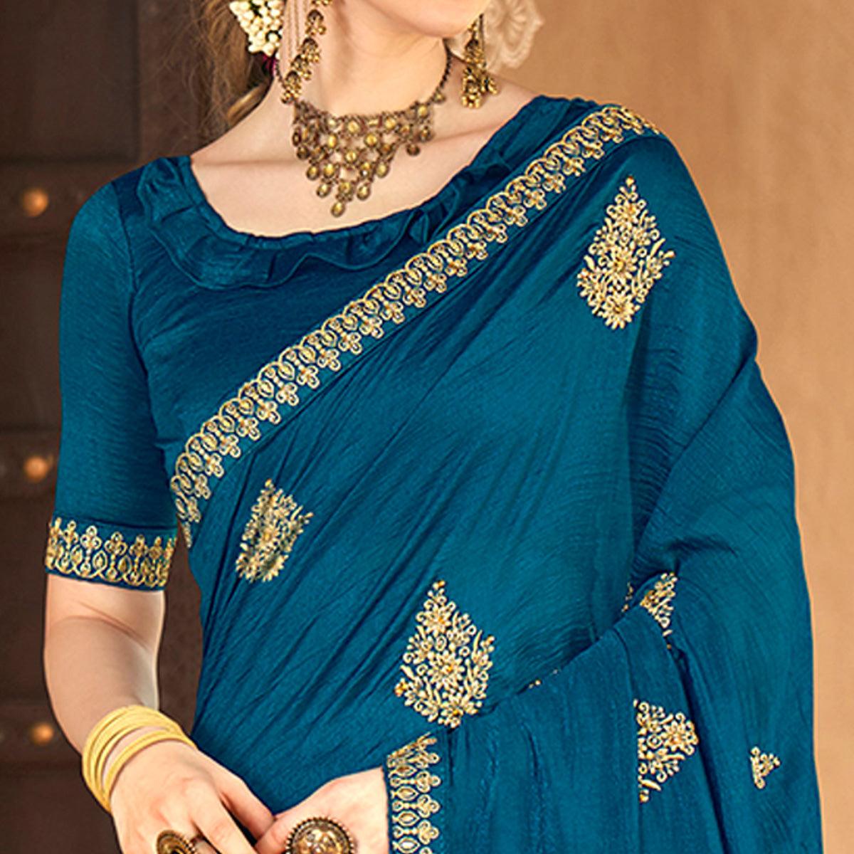 Blue Floral Embroidered Vichitra Silk Saree - Peachmode