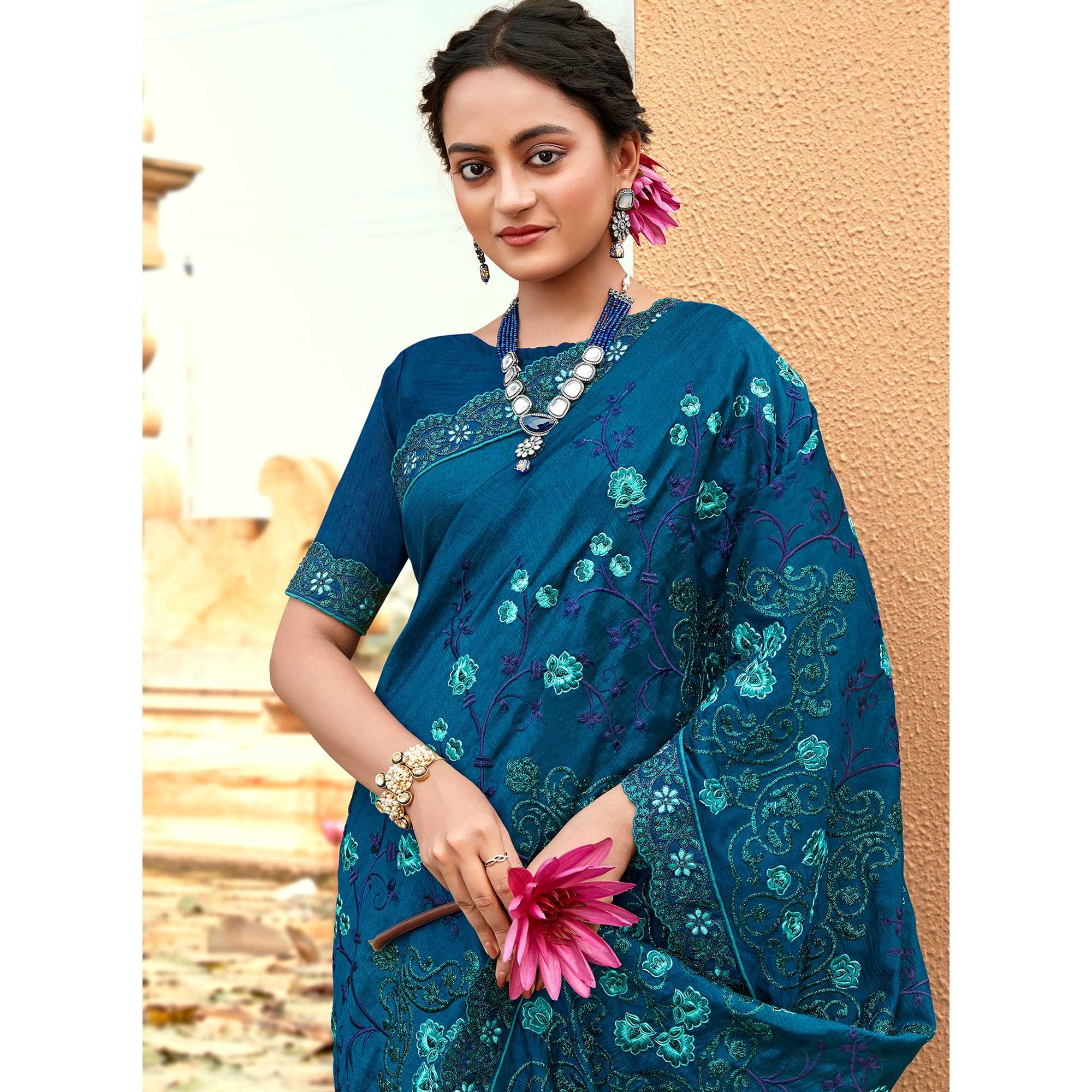Blue Floral Embroidered Vichitra Silk Saree - Peachmode
