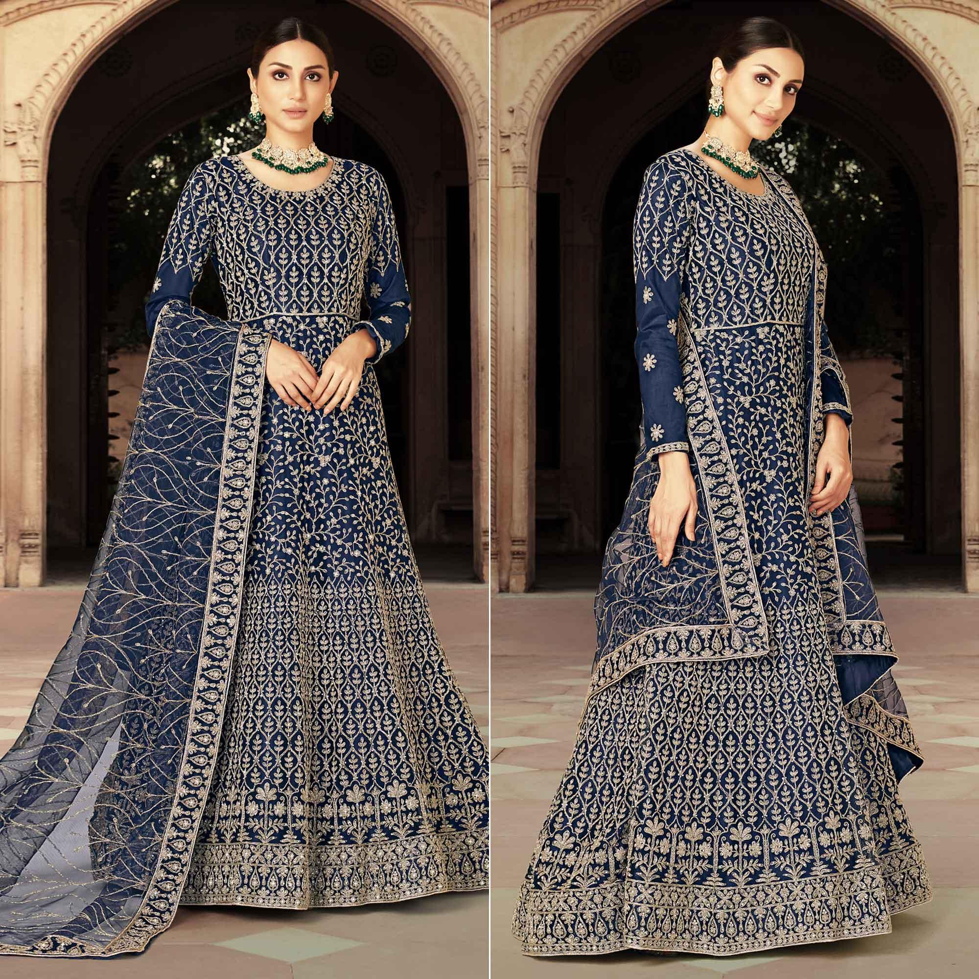 Blue Floral Embroidered With Diamond Work Net Gown - Peachmode