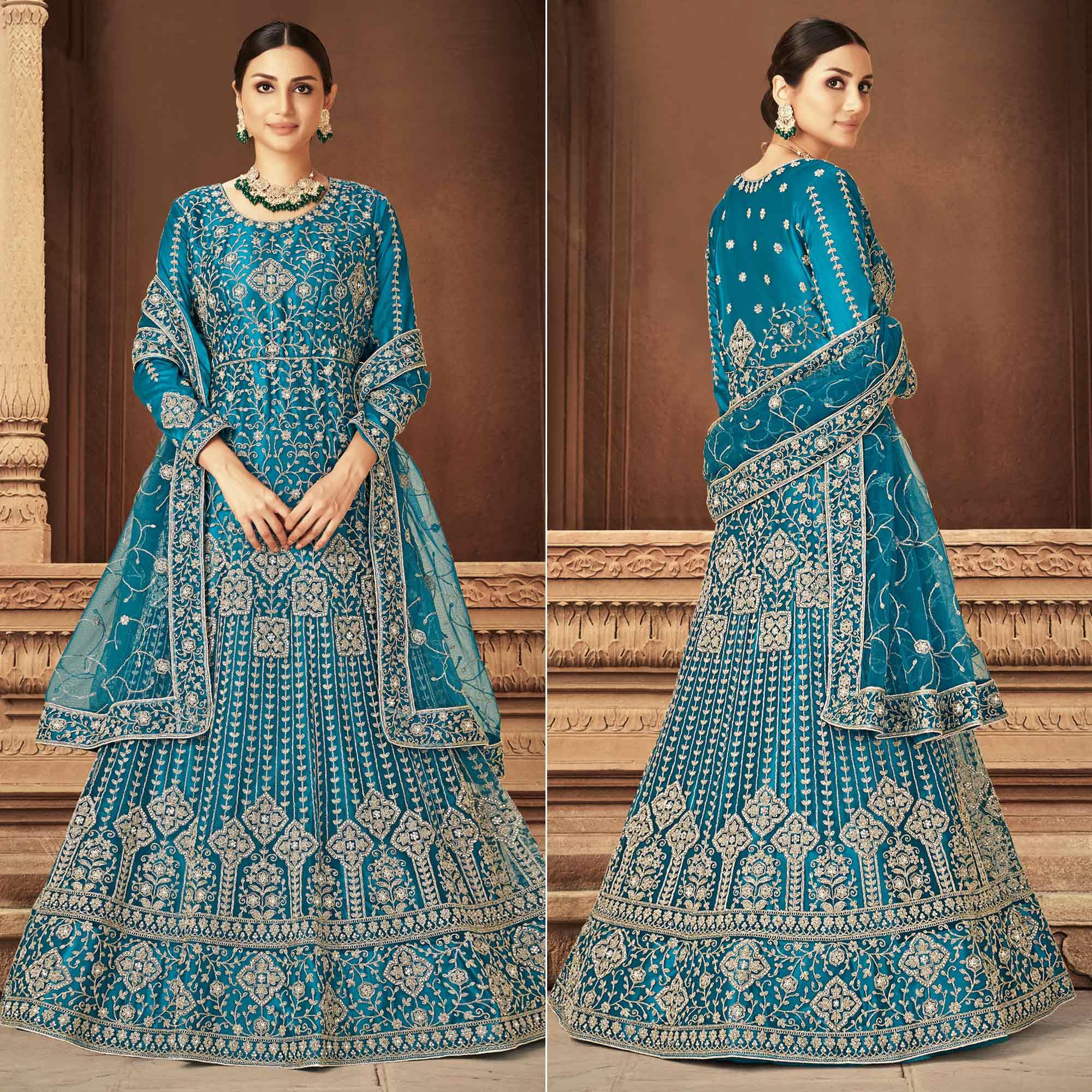 Blue Floral Embroidered With Diamond Work Net Gown - Peachmode