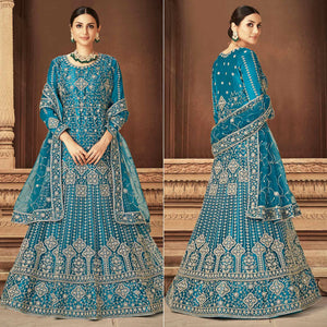 Blue Floral Embroidered With Diamond Work Net Gown - Peachmode