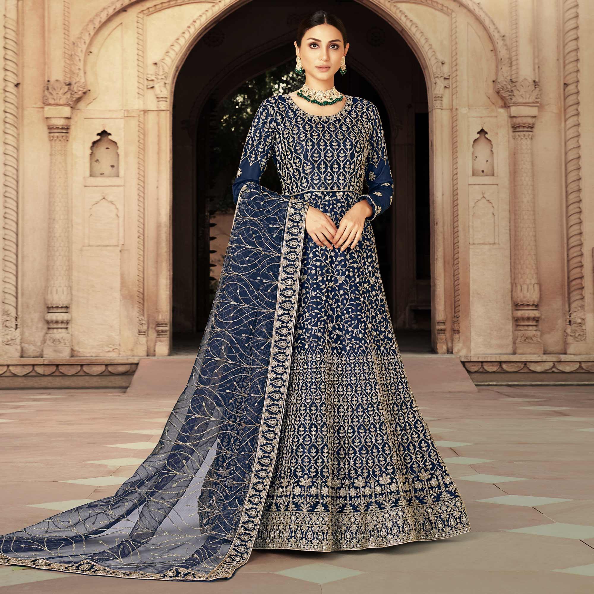 Blue Floral Embroidered With Diamond Work Net Gown - Peachmode