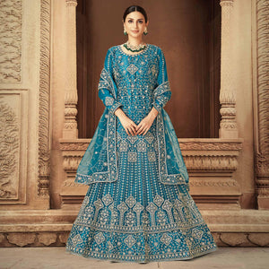 Blue Floral Embroidered With Diamond Work Net Gown - Peachmode