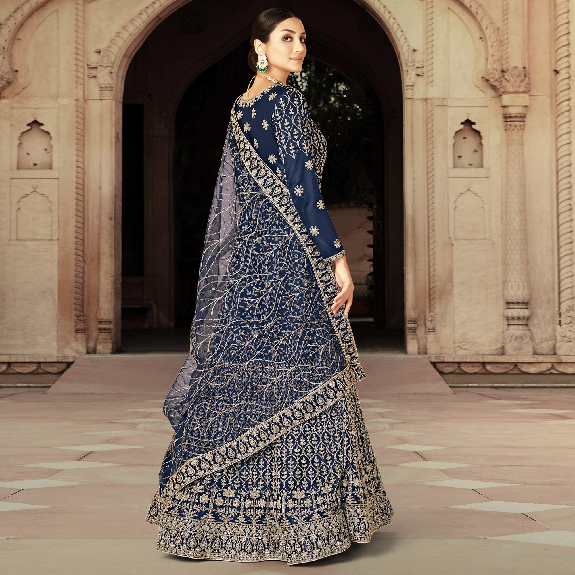 Blue Floral Embroidered With Diamond Work Net Gown - Peachmode