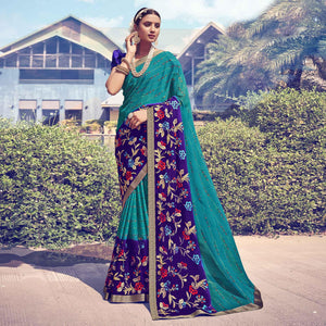 Blue Floral Embroidered With Foil Printed Chiffon Half & Half Saree - Peachmode