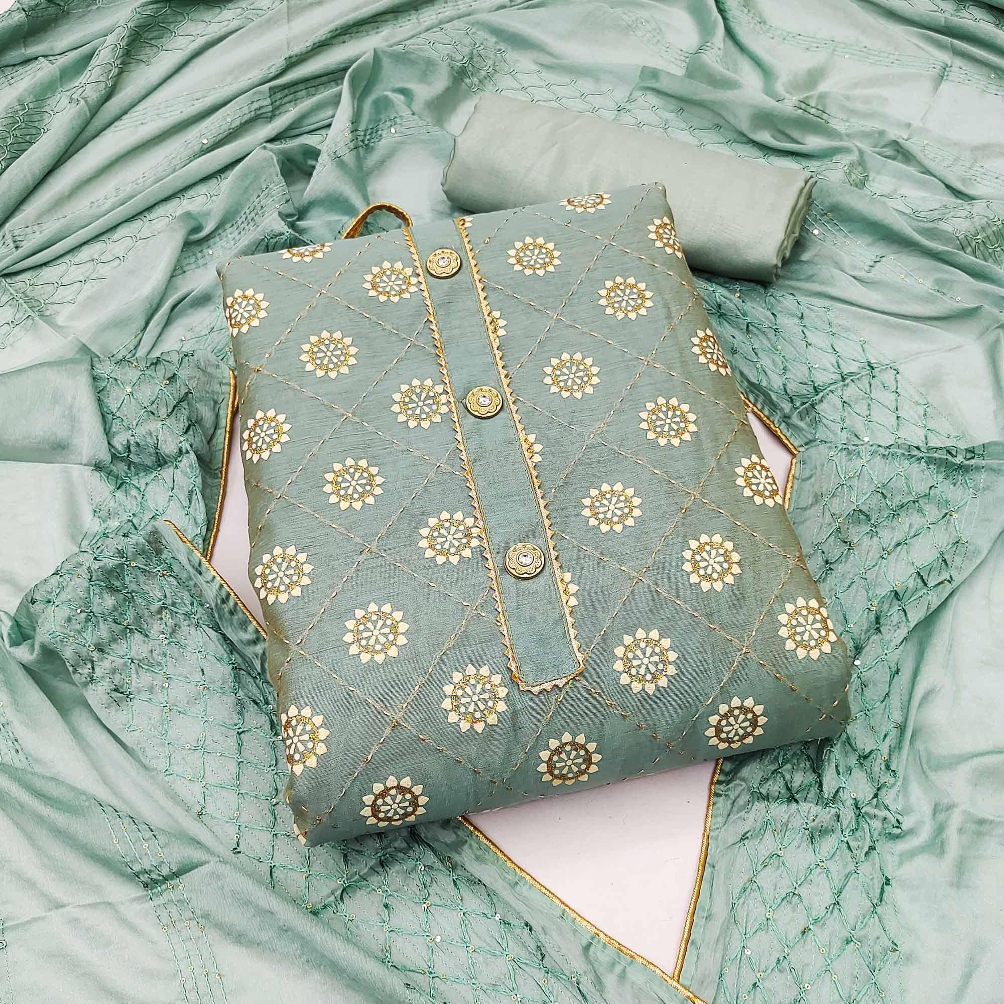 Blue Floral Embroidered With Gota Patti Chanderi Dress Material - Peachmode