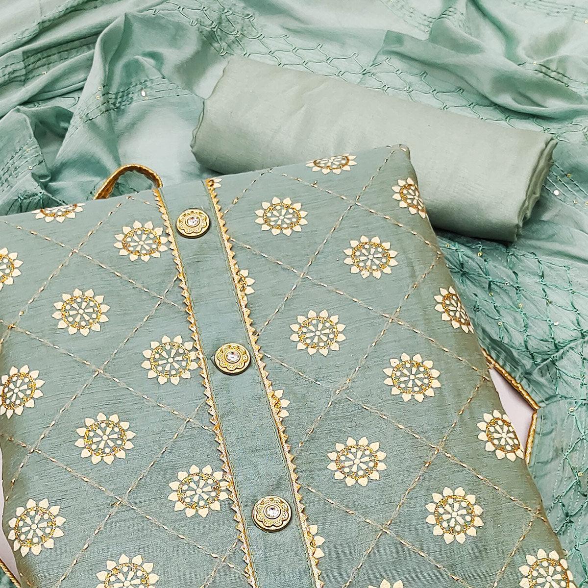 Blue Floral Embroidered With Gota Patti Chanderi Dress Material - Peachmode
