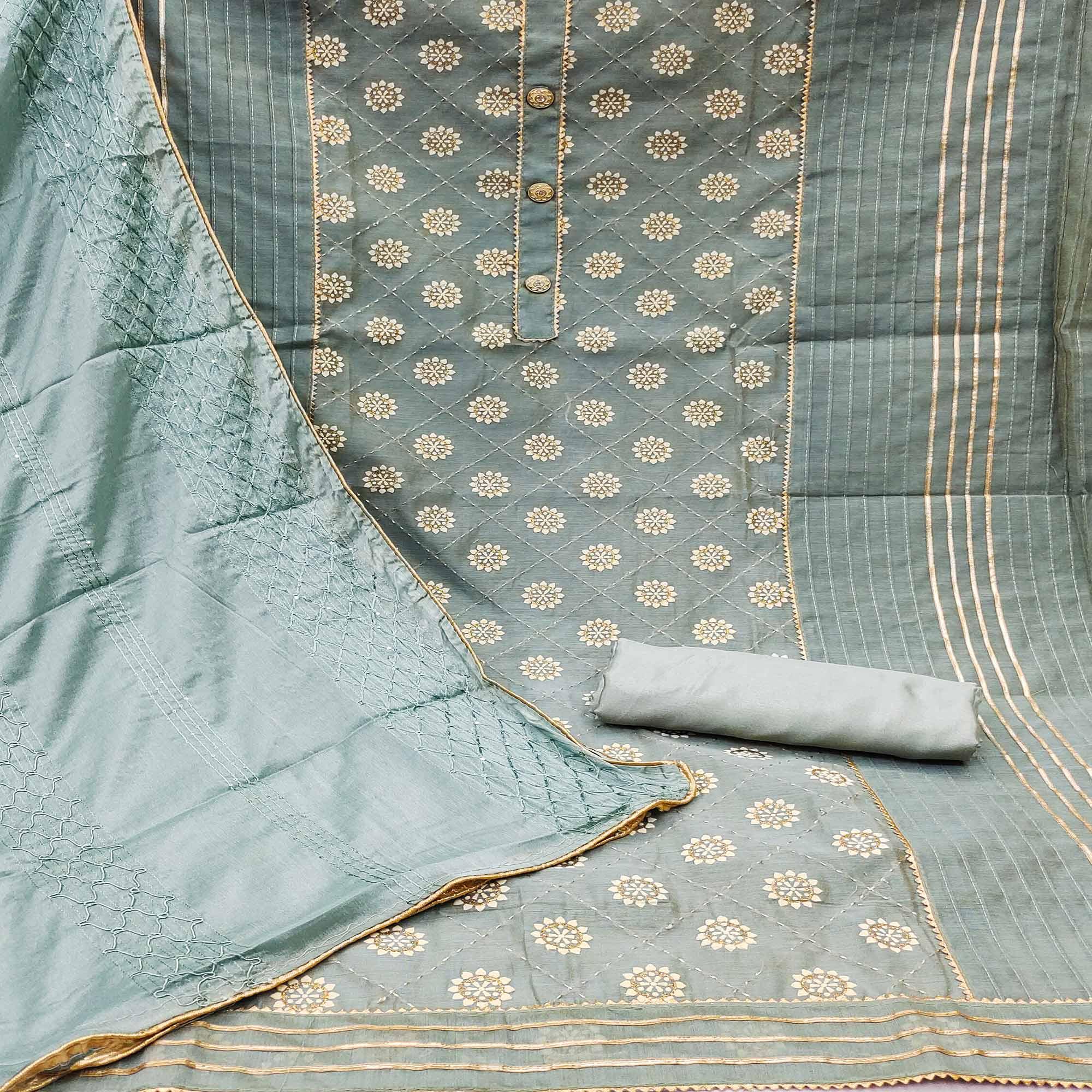 Blue Floral Embroidered With Gota Patti Chanderi Dress Material - Peachmode