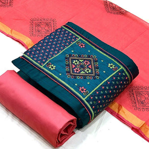 Blue Floral Embroidered With Mirror Work Cotton Silk Dress Material - Peachmode