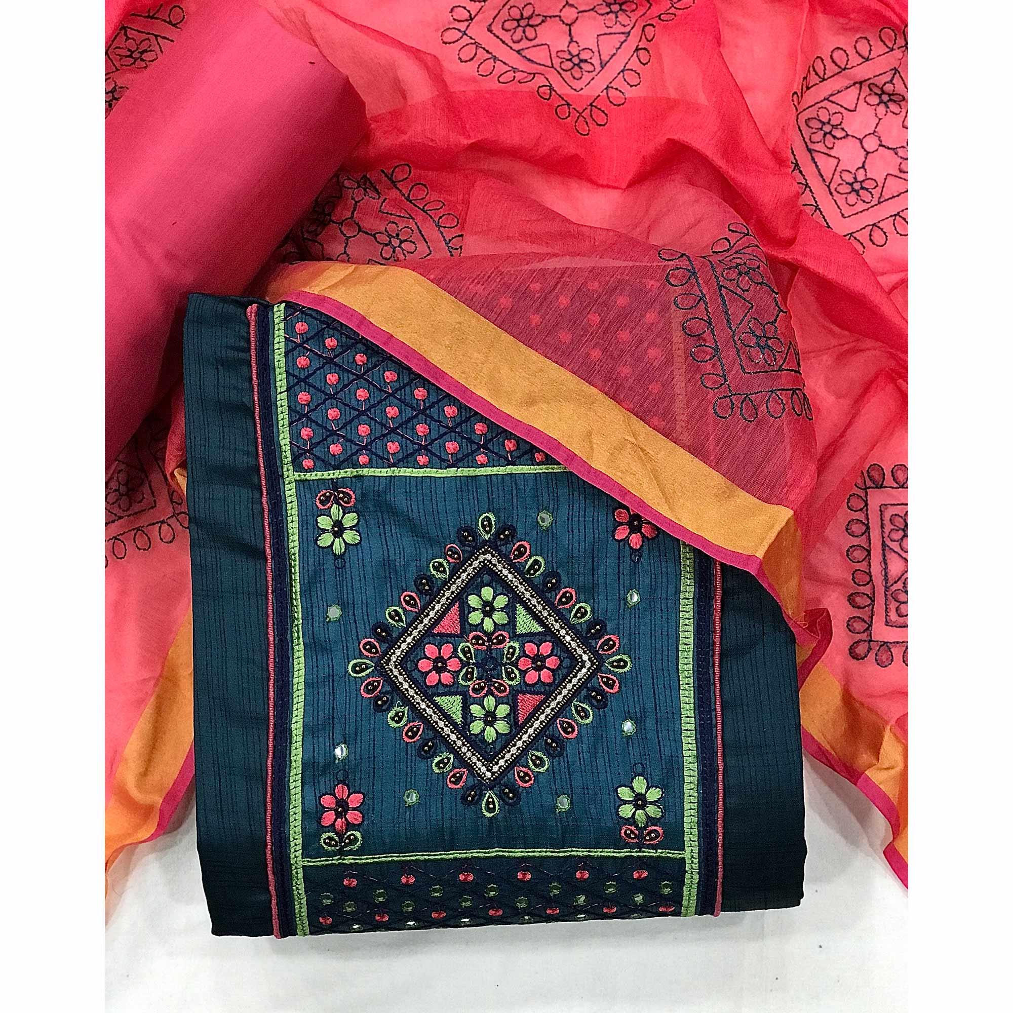 Blue Floral Embroidered With Mirror Work Cotton Silk Dress Material - Peachmode