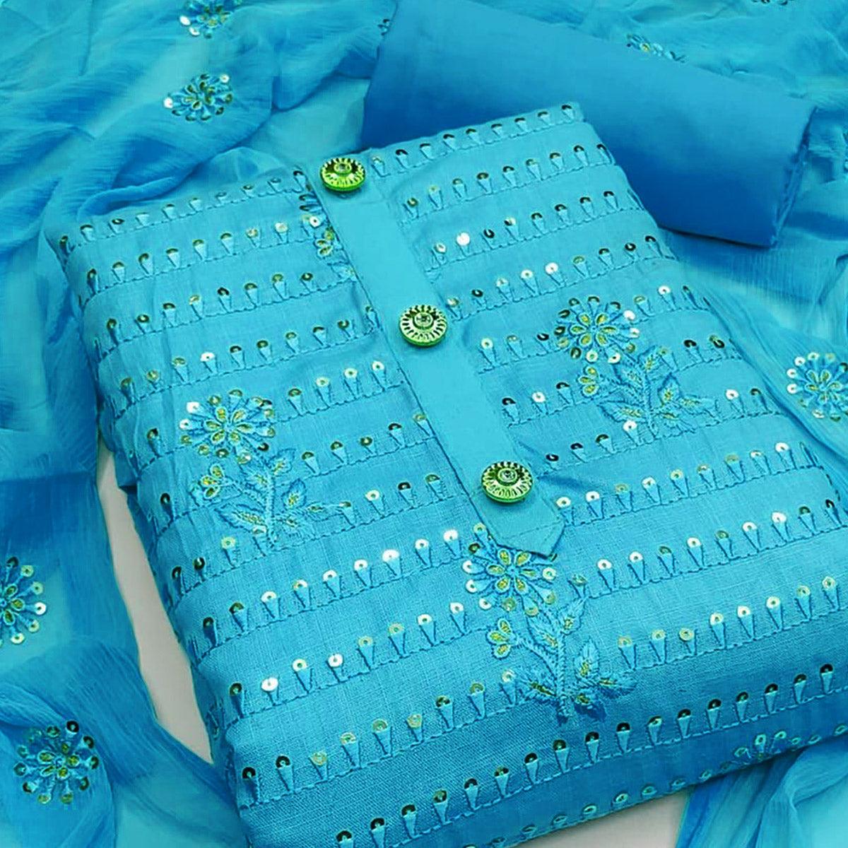 Blue Floral Embroidered With Sequence Poly Cotton Dress Material - Peachmode