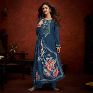Blue Floral Embroidery With Print Pure Viscose Partywear Suit - Peachmode