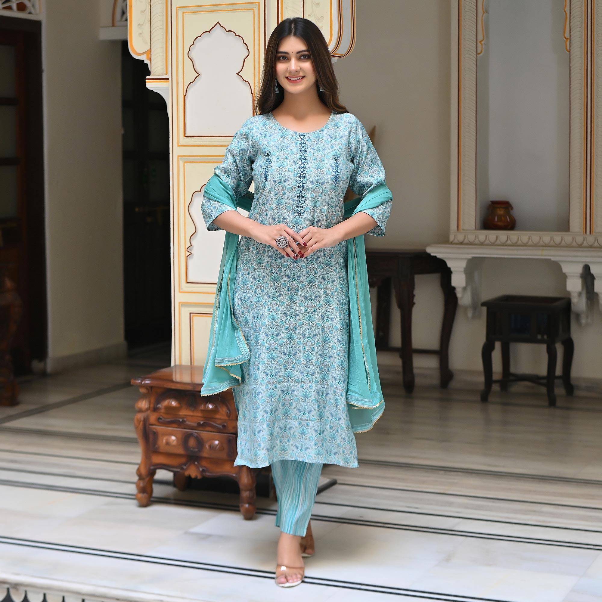 Blue Floral Foil Printed Chanderi Kurti Pant Set With Dupatta - Peachmode
