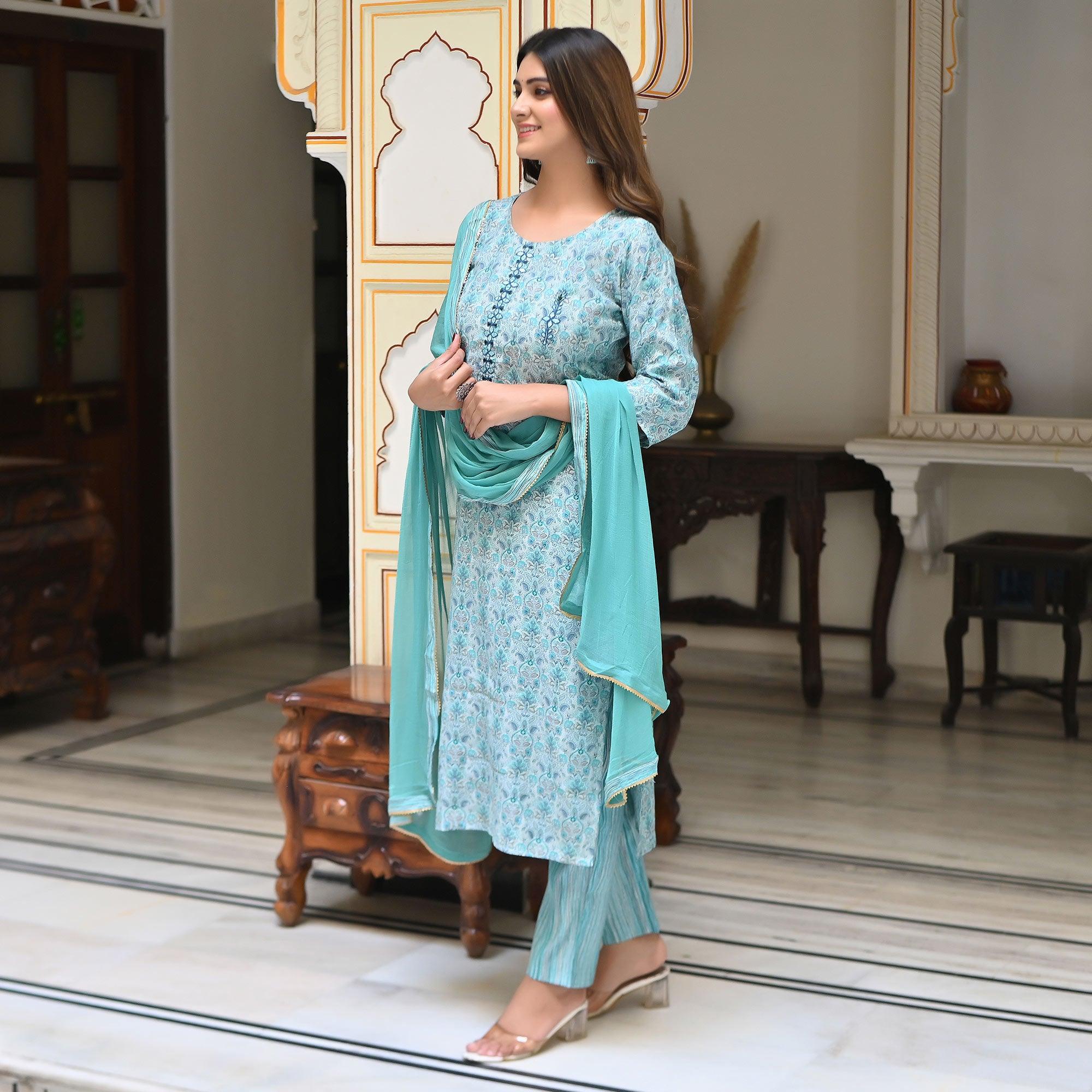 Blue Floral Foil Printed Chanderi Kurti Pant Set With Dupatta - Peachmode