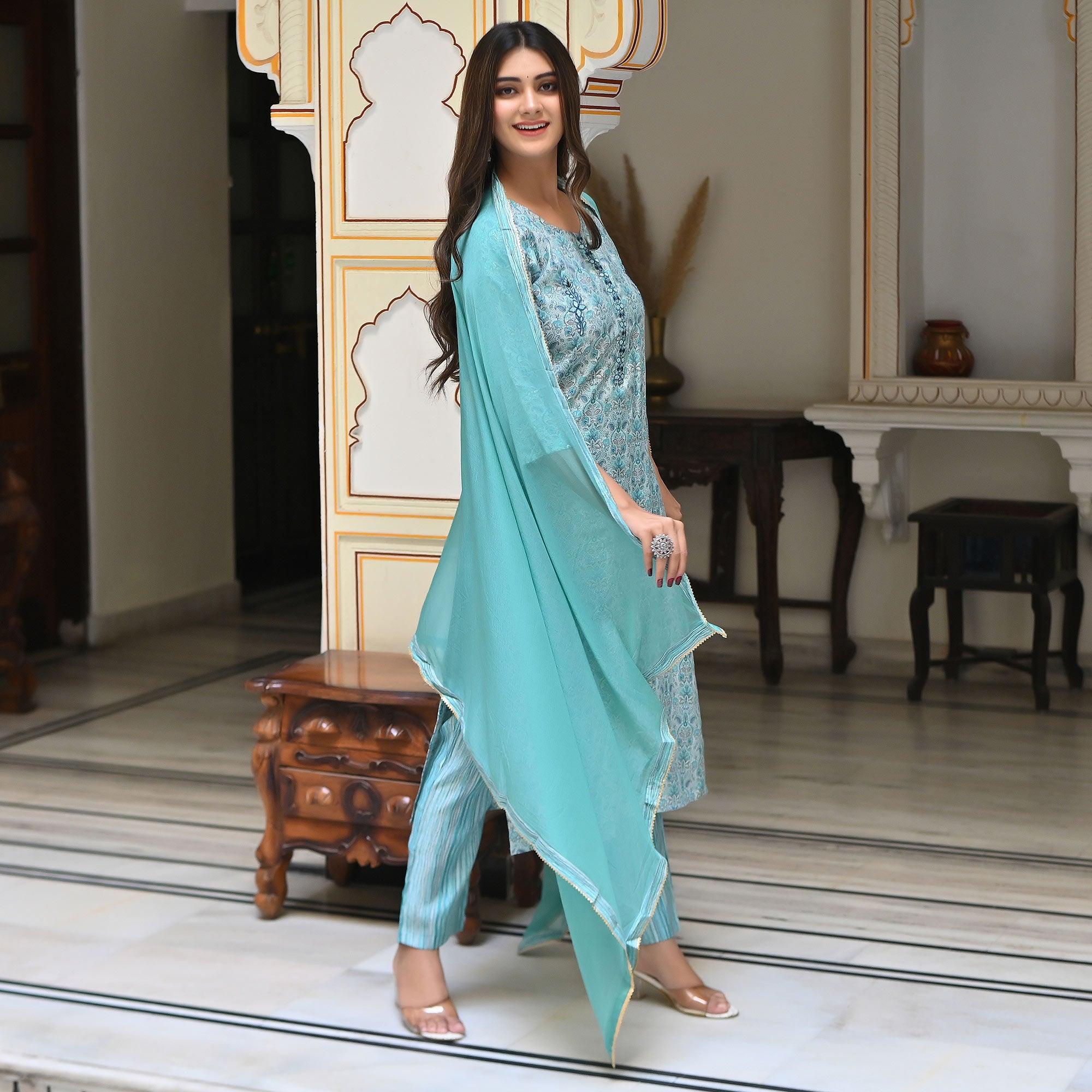 Blue Floral Foil Printed Chanderi Kurti Pant Set With Dupatta - Peachmode