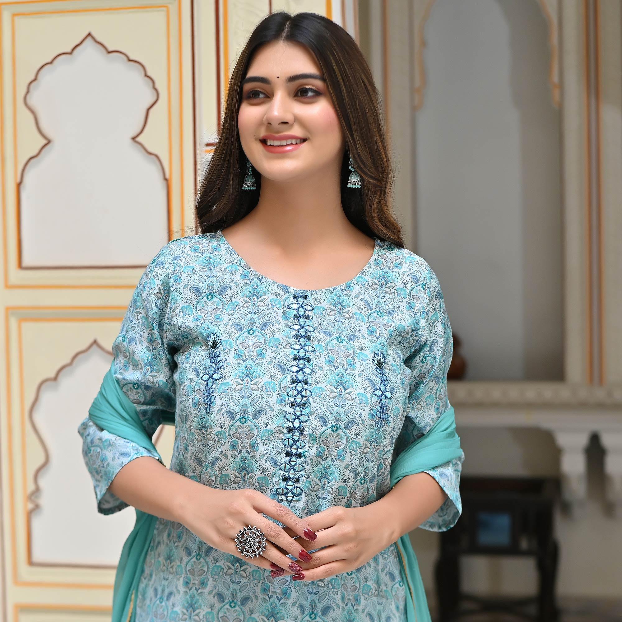 Blue Floral Foil Printed Chanderi Kurti Pant Set With Dupatta - Peachmode