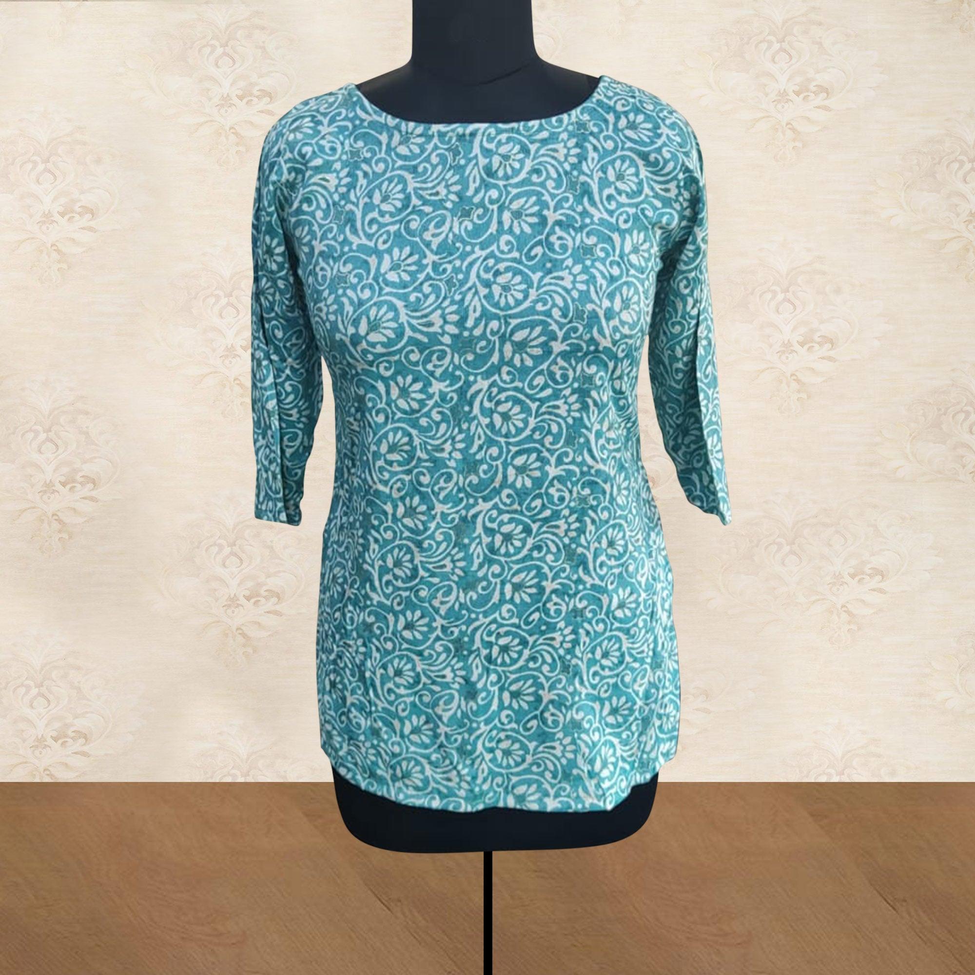 Blue Floral Foil Printed Rayon Top - Peachmode