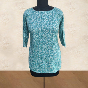 Blue Floral Foil Printed Rayon Top - Peachmode