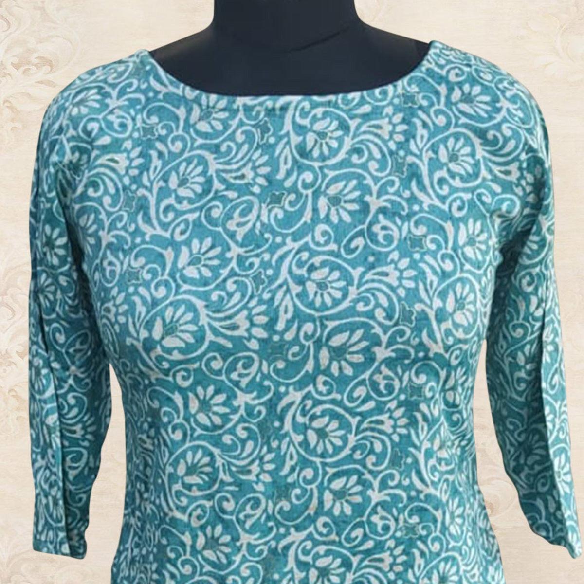 Blue Floral Foil Printed Rayon Top - Peachmode