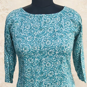 Blue Floral Foil Printed Rayon Top - Peachmode