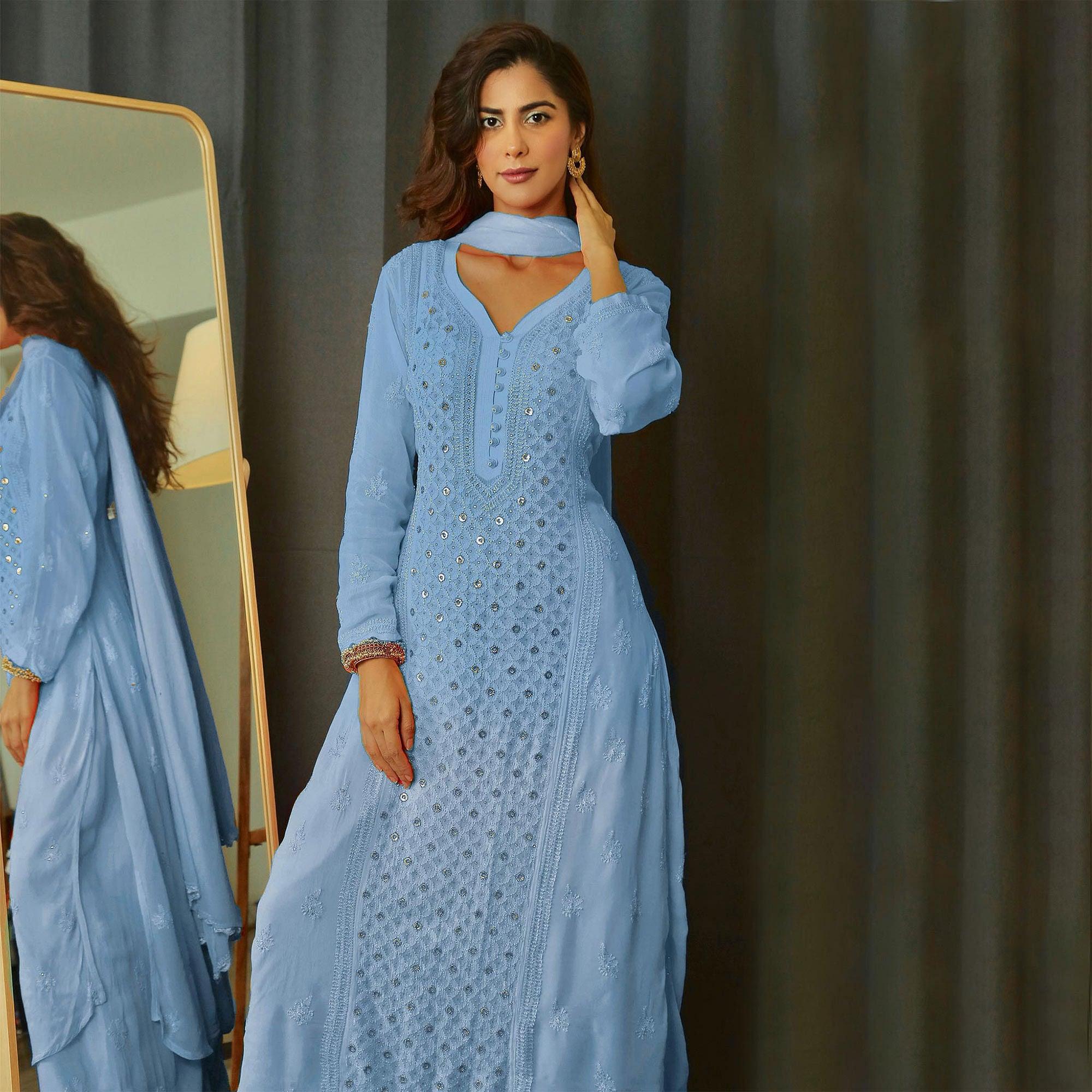 Blue Floral Lucknowi Embroidered & Mukaish Work Georgette Kurti Palazzo Set - Peachmode