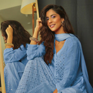 Blue Floral Lucknowi Embroidered & Mukaish Work Georgette Kurti Palazzo Set - Peachmode