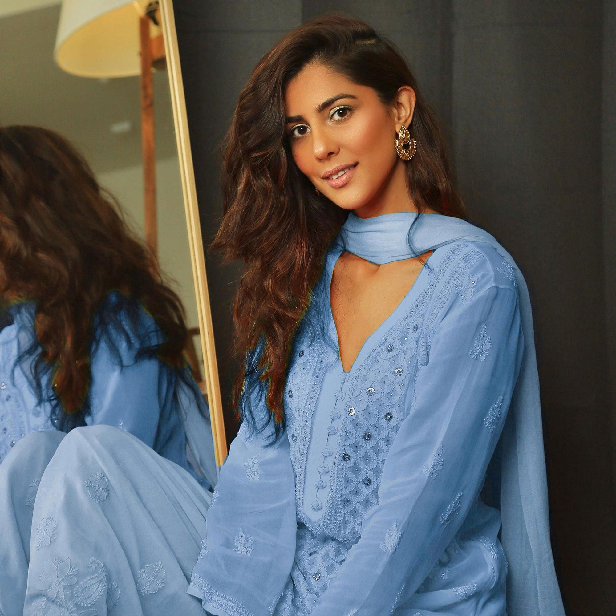 Blue Floral Lucknowi Embroidered & Mukaish Work Georgette Kurti Palazzo Set - Peachmode