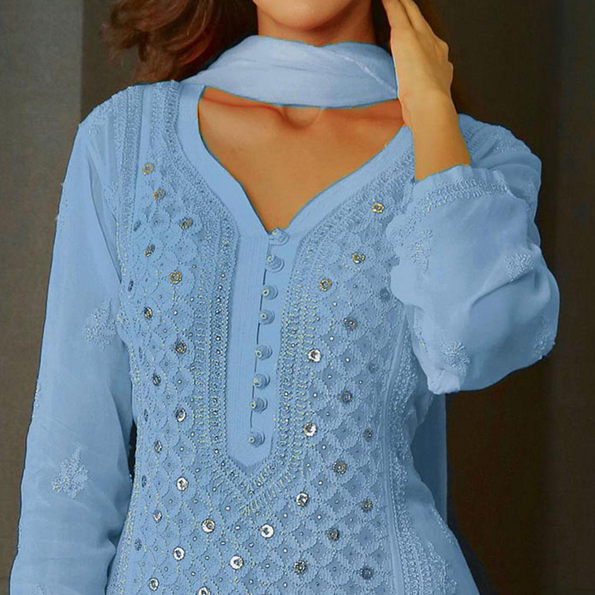 Blue Floral Lucknowi Embroidered & Mukaish Work Georgette Kurti Palazzo Set - Peachmode