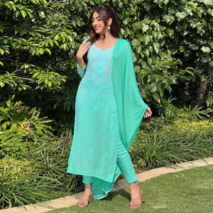 Blue Floral Lucknowi Embroidered & Mukaish Work Georgette Kurti Pant Set With Dupatta - Peachmode